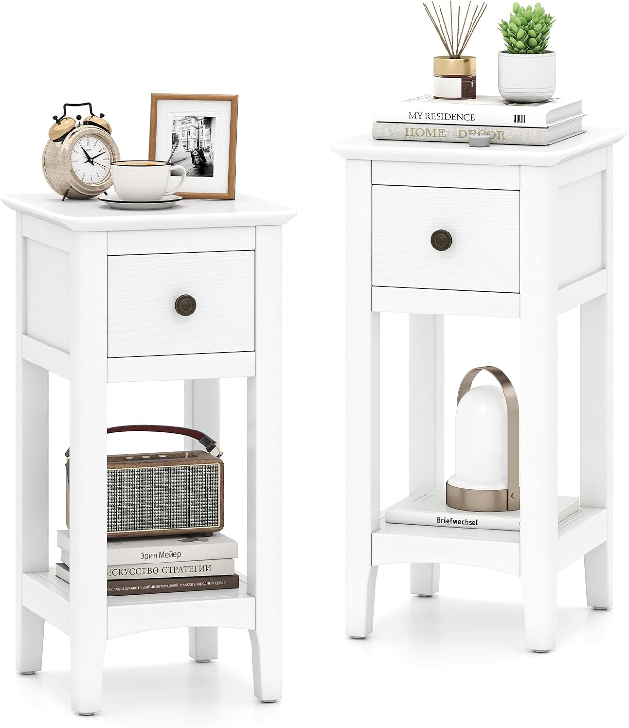 Solid Wood Nightstand 2 Drawers - Mesas Auxiliares Estrechas con Cajones, Juego