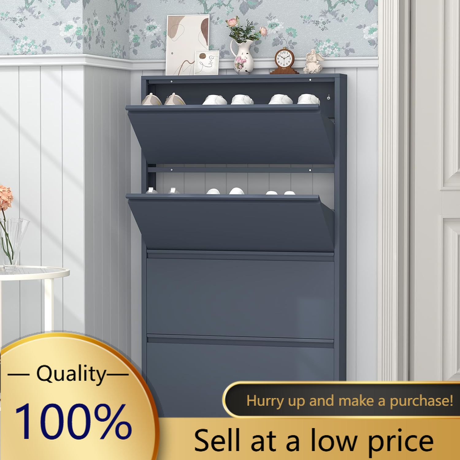Shoe Rack Cabinet Narrow Entryway - Zapatero con 4 Cajones Abatibles, Zapatero